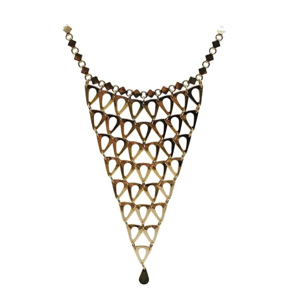 Gold Tone Statement Geometric Bib Necklace With Hexagonal Chain Teardrop Design - Picture 1 of 6